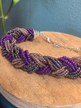 Braided Purple & Oil Slick Seed Bead Bracelet with Lobster Clasp